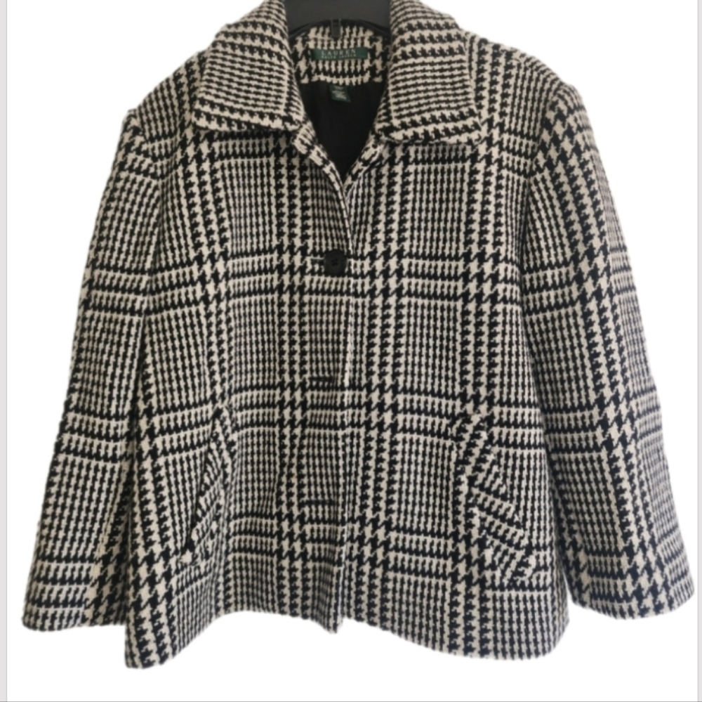 Lauren Ralph Lauren Houndstooth Wool Blend Cropped Pea Coat Black White - Picture 4 of 13